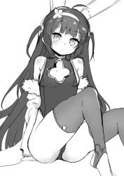 Rule 34 | 1girl, adapted costume, ahoge, animal ear fluff, animal ears, azur lane, bare shoulders, blush, breasts, cleavage cutout, clothing cutout, commentary request, eyebrows, fake animal ears, feet out of frame, fur-trimmed jacket, fur trim, greyscale, hairband, halterneck, head tilt, heart, heart-shaped pupils, highres, invisible chair, jacket, leotard, long hair, looking at viewer, monochrome, multiple hearts, no shoes, off shoulder, parted lips, ping hai (azur lane), ping hai (osmanthus moon rabbit) (azur lane), playboy bunny, rabbit ears, simple background, single toe, sitting, small breasts, solo, stirrup legwear, symbol-shaped pupils, thighhighs, thighs, toeless legwear, toes, two side up, very long hair, white background, yoshizawa tsubaki