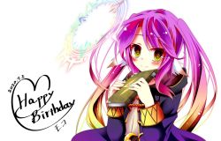 Rule 34 | 1girl, book, cape, closed mouth, commentary request, spiked halo, cosplay, dated, fire emblem, fire emblem awakening, gradient eyes, gradient hair, halo, happy birthday, highres, hood, jibril (no game no life), long hair, looking at viewer, magic circle, mii aki, multicolored eyes, multicolored hair, nintendo, no game no life, orange eyes, pink hair, robin (female) (fire emblem), robin (female) (fire emblem) (cosplay), robin (fire emblem), smile, solo, symbol-shaped pupils, twintails, very long hair, wing ears, yellow eyes