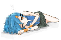 Rule 34 | 1girl, backless outfit, bare shoulders, bird hair ornament, blue hair, blush, breasts, closed mouth, collarbone, full body, green skirt, guruten11, hair between eyes, hair ornament, hair tie, hairclip, highres, looking at viewer, lying, on floor, on side, orange eyes, original, porta (guruten11), revealing clothes, short hair, sideboob, sidelocks, simple background, skirt, sleeveless, small breasts, solo, white background, wristband, yellow eyes