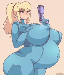 Rule 34 | 1girl, artist name, big belly, blonde hair, blue eyes, bodysuit, breasts, cameltoe, covered erect nipples, cowboy shot, curvy, groin, gun, handgun, highres, huge areolae, huge breasts, huge nipples, looking down, metroid, navel, nintendo, pistol, plump, ponytail, pregnant, puffy areolae, puffy nipples, samus aran, sidelocks, solo, standing, steelybird, thick thighs, thighs, weapon, wide hips, zero suit