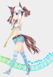 Rule 34 | 1girl, animal ears, armpits, arms up, blue eyes, breasts, brown hair, character name, full body, highres, horse ears, horse tail, melody lane (racehorse), navel, original, personification, r0g0b0, shorts, simple background, small breasts, smile, solo, tail, thighhighs, white background