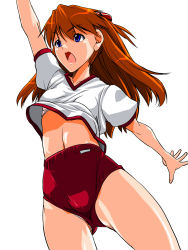 Rule 34 | 1girl, blue eyes, blush, bra, breasts, brown hair, buruma, clothes pull, hair ornament, highres, jumping, long hair, looking up, navel, neon genesis evangelion, open mouth, red buruma, shinama, simple background, solo, souryuu asuka langley, two side up, underwear