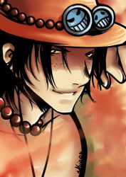 Rule 34 | 1boy, black hair, freckles, hat, jewelry, male focus, necklace, one piece, portgas d. ace, sad face, topless male, smile, smiley, smiley face, solo