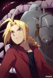 Rule 34 | 2boys, absurdres, ahoge, alphonse elric, angry, armor, arms at sides, back-to-back, black shirt, blonde hair, braid, braided ponytail, brothers, cape, clenched teeth, closed mouth, creature, darkness, edward elric, elbow spikes, evil grin, evil smile, frown, fullmetal alchemist, glowing, glowing eyes, grin, helmet, highres, looking at viewer, looking away, looking back, multiple boys, parted bangs, phil vzq, ponytail, pride (fma), red cape, red eyes, shirt, shoulder spikes, siblings, single braid, smile, spiked armor, spiked helmet, spikes, standing, teeth, yellow eyes