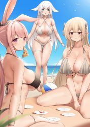 Rule 34 | 3girls, :o, :t, absurdres, animal ears, ankle strap, annoyed, aqua eyes, arched back, arms at sides, arms between legs, back, ball, bare shoulders, beach, beachball, bikini, bird, black bikini, blonde hair, blunt bangs, blush, breasts, brown eyes, cleavage, crab, elf, feet, female focus, food, food in mouth, frilled bikini, frills, gluteal fold, grey bikini, hair ornament, halterneck, highres, huge breasts, lagijay, large breasts, leaning forward, long hair, looking at another, looking at viewer, micro bikini, mouth hold, multiple girls, navel, ocean, original, outdoors, pink hair, pizza, plate, pointy ears, ponytail, pout, purple eyes, rabbit ears, scrunchie, seagull, seiza, sideboob, signature, silver hair, sitting, skindentation, sky, smile, spread legs, standing, swimsuit, thigh gap, thigh strap, thighs, underboob, very long hair, water, white bikini, wristband