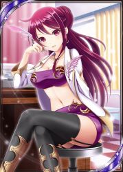 Rule 34 | 1girl, akkijin, black thighhighs, breasts, chair, cleavage, coat, crossed legs, curtains, desk, earrings, feathers, indoors, jewelry, looking at viewer, miniskirt, necklace, nurse, official art, open mouth, pen, red eyes, red hair, shinkai no valkyrie, sitting, skirt, stomach, thighhighs
