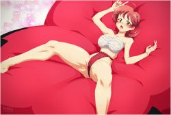 Rule 34 | 1girl, airbag, aoi anna, blush, breasts, brown eyes, cameltoe, cleavage, cleft of venus, covered erect nipples, female focus, fundoshi, highres, japanese clothes, large breasts, ledy, looking at viewer, lying, navel, no bra, open mouth, pink hair, red eyes, shinkon gattai godannar!!, shiny skin, short hair, solo