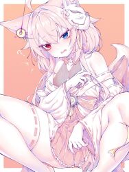 Rule 34 | 1girl, animal ears, bell, blue eyes, commission, fox ears, fox girl, fox mask, fox tail, hair bell, hair ornament, hat, heterochromia, highres, japanese clothes, jingasa, kupa (jesterwii), long hair, mask, mask on head, miko, monochrome, red eyes, solo, squatting, tail, thighhighs, virtual youtuber