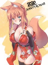 Rule 34 | 1girl, 2020, animal ears, bare shoulders, black gloves, black thighhighs, breasts, bridal gauntlets, cleavage, closed mouth, commentary, cowboy shot, detached sleeves, dress, elbow gloves, extra ears, facepaint, floral print, fox ears, fox girl, fox tail, gloves, hair ribbon, happy new year, japanese clothes, large breasts, leaning forward, light frown, looking at viewer, medium hair, microdress, new year, obi, one side up, orange hair, original, panties, pelvic curtain, print dress, print sleeves, red dress, red sleeves, ribbon, sash, sawaya (mizukazu), side-tie panties, skindentation, sleeveless, sleeveless dress, solo, standing, tail, thighhighs, underwear