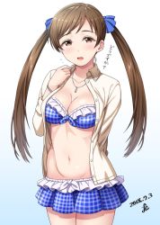 Rule 34 | 1girl, alternate hairstyle, bikini, bikini under clothes, blue bikini, blush, breasts, brown eyes, brown hair, cleavage, collarbone, dated, dress shirt, flying sweatdrops, gradient background, highres, idolmaster, idolmaster cinderella girls, jewelry, long hair, looking at viewer, medium breasts, navel, necklace, nitta minami, open clothes, open mouth, open shirt, plaid, plaid bikini, shirt, skirt, solo, stomach, swept bangs, swimsuit, twintails, yoohi