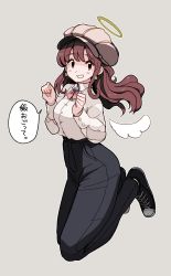 Rule 34 | 1girl, angel wings, arms up, ascot, azumaya toushirou, black footwear, black legwear, blush stickers, brooch, brown eyes, brown hair, collared shirt, commentary request, converse, feet up, flat cap, full body, grey background, grin, halo, hat, high-waist pants, highres, jewelry, long hair, long sleeves, looking at viewer, low wings, midair, original, pants, pink ascot, shirt, shoes, sidelocks, simple background, smile, sneakers, solo, speech bubble, translation request, wavy hair, white shirt, white wings, wings