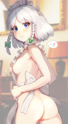 Rule 34 | !, ..., 1girl, apron, ass, back bow, bare shoulders, blue eyes, blunt bangs, blurry, blurry background, bow, braid, breasts, censored, closed mouth, cowboy shot, depth of field, frills, from side, green bow, hair bow, hair ribbon, highres, indoors, izayoi sakuya, lamp, lips, looking at viewer, looking to the side, maid headdress, mosaic censoring, naked apron, nipple slip, nipples, painting (object), pussy, ribbon, short hair, side braids, sideboob, silver hair, small breasts, solo, spoken ellipsis, spoken exclamation mark, surprised, touhou, tress ribbon, twin braids, wall, white bow, white headwear, yawdeone