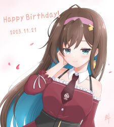 Rule 34 | 1girl, aqua eyes, aqua hair, arm at side, assault lily, bare shoulders, blush, breasts, brown hair, brown necktie, closed mouth, collarbone, colored inner hair, commentary request, dated, detached collar, detached sleeves, dress, dutch angle, earrings, falling petals, frilled dress, frilled sleeves, frills, gradient background, hairband, hand on own cheek, hand on own face, hand up, happy birthday, inoguchi minto, ishizuka fujino, jewelry, kanba girls high school uniform, long hair, long sleeves, looking at viewer, medium breasts, multicolored hair, necktie, petals, pink background, pink hairband, red dress, ribbon, sandals, school uniform, short necktie, single earring, sleeve ribbon, sleeveless, sleeveless dress, smile, two-tone hair, underbust, upper body, very long hair, white background, white ribbon