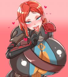 Rule 34 | 1girl, armor, belt, blue eyes, blush, breasts, eye contact, fellatio gesture, gauntlets, grim dawn, heart, heart-shaped pupils, highres, huge breasts, imminent fellatio, kodainosinpi, korinia, leaning forward, looking at another, looking at viewer, naughty face, open mouth, ponytail, red hair, shoulder pads, standing, symbol-shaped pupils, tongue, tongue out