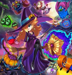 Rule 34 | alternate costume, aura, bag, bandana waddle dee, bandana waddle dee (cosplay), blonde hair, blue eyes, broom, broom riding, cosplay, crossed legs, dragon quest, dress, final fantasy, floating, flying, geno (mario), geno (mario) (cosplay), halloween, halloween bucket, halloween costume, happy halloween, hat, hero (dq3), highres, holding, holding staff, holding wand, kirby, kirby (series), korok, korok (cosplay), long hair, luma (mario), majora (entity), mallow (mario), mario (series), mario kart, mario kart tour, mask, moogle, moon, nail polish, nintendo, pantyhose, purple dress, purple nails, riding, rosalina, rosalina (halloween), skin tight, slime (dragon quest), staff, stoic seraphim, super mario rpg, the legend of zelda, the legend of zelda: majora&#039;s mask, wand, white mage (final fantasy), white mage (final fantasy) (cosplay)