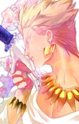 Rule 34 | 1boy, 1girl, artoria pendragon (all), artoria pendragon (fate), bad id, bad pixiv id, blonde hair, bracelet, colored eyelashes, earrings, closed eyes, fate/stay night, fate (series), gilgamesh (fate), gloves, hair up, hetero, jewelry, kiss, kissing hand, nanika0901, necklace, official alternate costume, saber (fate), white gloves