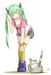 Rule 34 | 1girl, artist name, cat, green eyes, green hair, hatsune miku, kowiru, leaning forward, long hair, matching hair/eyes, open mouth, paw pose, skirt, solo, sweatdrop, thighhighs, twintails, vocaloid, watch, white background, wristwatch, yellow thighhighs