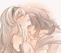 Rule 34 | 2girls, bare shoulders, bite mark, biting, blush, breasts, closed eyes, firefly (honkai: star rail), grey hair, hairband, hands on another&#039;s arm, hands on another&#039;s head, highres, holding head, honkai: star rail, honkai (series), multiple girls, neck biting, off shoulder, open mouth, parted lips, pink background, sharp teeth, shirt, stelle (honkai: star rail), sweat, teeth, trailblazer (honkai: star rail), white hair, white shirt, yoyoray20001996, yuri