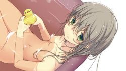 Rule 34 | 1girl, bath, blush, green eyes, highres, holding, looking at viewer, muranisaki, nude, original, rubber duck, silver hair, smile, solo, water, wet