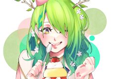 Rule 34 | 1girl, antlers, artist name, birthday cake, blue ribbon, braid, braided bangs, branch, cake, ceres fauna, ceres fauna (1st costume), clenched hand, colored tips, dress, earrings, flower, food, green hair, green nails, hair flower, hair ornament, hat, highres, holding, holding spoon, hololive, hololive english, horns, jewelry, lips, medium hair, mole, mole under eye, mpmrpjb, multicolored hair, nail polish, one eye closed, party hat, ribbon, single braid, smile, solo, spoon, streaked hair, teeth, tongue, tongue out, upper teeth only, virtual youtuber, white dress, yellow eyes