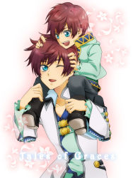 Rule 34 | 2boys, aipheion, asbel lhant, blue eyes, brown hair, carrying, child, copyright name, dual persona, flower, gradient background, male focus, multiple boys, one eye closed, plant, shoulder carry, smile, tales of (series), tales of graces, time paradox, white background, wink