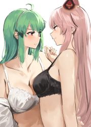 Rule 34 | 2girls, ahoge, assault lily, bare shoulders, black bra, blush, bra, breasts, cleavage, collarbone, endou araya, eye contact, green hair, hairband, highres, horns, long hair, looking at another, medium breasts, multiple girls, orihi chihiro, parted lips, pink eyes, pink hair, red eyes, simple background, smile, tanaka ichi, underwear, underwear only, upper body, white background, white bra, white hairband