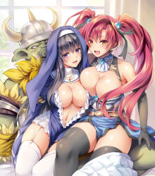 Rule 34 | 1boy, 2girls, bare shoulders, black hair, blush, breasts, cleavage, cross, elbow gloves, fantasy, garter straps, gloves, habit, helmet, highres, ifo, large breasts, long hair, multiple girls, navel, nun, open mouth, orc, purple eyes, red eyes, red hair, thighhighs, twintails, very long hair
