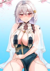Rule 34 | 1girl, absurdres, akuakuran, azur lane, blush, braid, breast curtains, breasts, cherry blossoms, china dress, chinese clothes, clothing aside, dress, flower, garter straps, gluteal fold, grey dress, hair flower, hair ornament, hand on own chest, highres, large breasts, looking at viewer, no panties, official alternate costume, pelvic curtain, pelvic curtain aside, red eyes, revealing clothes, ribbon between breasts, see-through, see-through sleeves, side braid, sirius (azur lane), sirius (azure horizons) (azur lane), solo, white garter straps, white hair