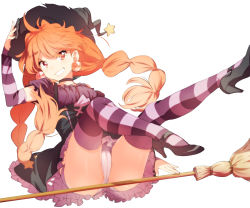 Rule 34 | 1girl, alternate costume, alternate hairstyle, braid, broom, choker, dress, earrings, full body, grin, halloween, hand on headwear, hat, high heels, jewelry, lina inverse, long hair, mary janes, naso4, orange eyes, orange hair, panties, pantyshot, purple thighhighs, shoes, sitting, slayers, smile, solo, star (symbol), striped clothes, striped thighhighs, thighhighs, twin braids, twintails, underwear, white background, white panties, witch, witch hat