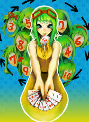 Rule 34 | 1girl, aqua eyes, arrow (projectile), bare shoulders, belt, braid, card, dress, faceless, flower, glasses, goggles, goggles on head, green hair, gumi, hair ornament, hairband, hairclip, highres, holding, holding card, juu mensou (vocaloid), looking at viewer, mouth hold, multiple persona, no.734, short hair, solo, standing, teeth, twin braids, vocaloid