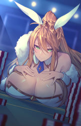 Rule 34 | 1girl, animal ears, artoria pendragon (all), artoria pendragon (fate), artoria pendragon (swimsuit ruler) (fate), bare shoulders, blonde hair, blue neckwear, braid, breast rest, breasts, casino, casino card table, cero320, cleavage, closed mouth, commentary, crown, detached collar, fake animal ears, fate/grand order, fate (series), feather boa, french braid, green eyes, hair between eyes, hands on own chest, high ponytail, highres, huge breasts, indoors, leotard, long hair, looking at viewer, playboy bunny, poker chip, poker table, ponytail, rabbit ears, smile, solo, swept bangs, table, upper body, white leotard, wrist cuffs