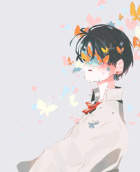 Rule 34 | 1boy, black hair, blue butterfly, bow, bowtie, bug, butterfly, collared shirt, covered eyes, crying, crying with eyes open, earrings, from side, insect, jewelry, male focus, orange butterfly, original, parted lips, red bow, red bowtie, shirt, short hair, simple background, solo, tears, tknlita, upper body, white background, white shirt