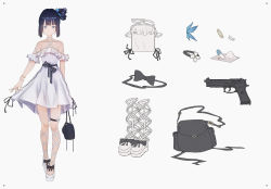 Rule 34 | 1girl, absurdres, aer7o, ankle lace-up, bad id, bad pixiv id, bag, bare shoulders, beretta 92, black bow, blue eyes, bow, bracelet, butterfly hair ornament, character sheet, choker, closed mouth, collarbone, criss-cross halter, cross-laced footwear, dress, gun, hair ornament, halterneck, handbag, handgun, highres, holding, holding bag, jewelry, looking at viewer, off-shoulder dress, off shoulder, one side up, original, pill, polka dot, polka dot bow, purple background, purple hair, simple background, solo, weapon, weapon request, white choker, white dress, white footwear
