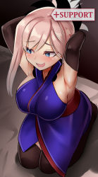 Rule 34 | 1girl, armpits, arms up, asymmetrical hair, black thighhighs, blonde hair, blue eyes, blush, breasts, elbow gloves, fate/grand order, fate (series), full body, gloves, grey hair, highres, indoors, japanese clothes, kimono, large breasts, looking to the side, miyamoto musashi (fate), miyamoto musashi (first ascension) (fate), nervous smile, open mouth, over-kneehighs, platinum blonde hair, ponytail, purple kimono, seiza, sideboob, sin (kami148), sitting, sleeveless, sleeveless kimono, smile, solo, thighhighs, tsurime