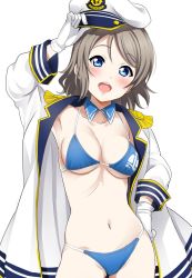 Rule 34 | 10s, 1girl, alternate costume, arm at side, bikini, blue bikini, blush, breasts, brown hair, cleavage, cowboy shot, detached collar, gloves, halterneck, hand on own hip, hat, highres, lips, looking at viewer, love live!, love live! sunshine!!, medium breasts, military, military uniform, naval uniform, open mouth, sailor hat, sankuro (agoitei), short hair, simple background, skindentation, smile, solo, swimsuit, teeth, underboob, uniform, watanabe you, white background, white gloves