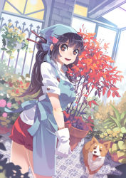 Rule 34 | 1girl, bf. (sogogiching), blue hair, breasts, dog, female focus, gloves, greenhouse, indoors, long hair, nature, open mouth, original, plant, ponytail, purple eyes, smile, solo