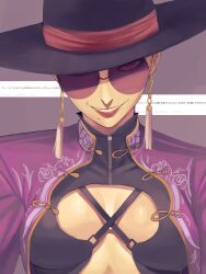 1girl a.k.i._(street_fighter) black_hat breasts earrings evil_grin evil_smile grin hat highres jewelry michibata_anko mole mole_under_mouth official_alternate_costume purple-tinted_eyewear red_eyes short_hair slit_pupils smile solo street_fighter street_fighter_6 teeth tinted_eyewear upper_body