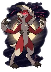 Rule 34 | claws, creatures (company), full moon, furry, game freak, gen 7 pokemon, grin, lycanroc, lycanroc (midnight), moon, night, nintendo, pokemon, pokemon (creature), prismwing, red eyes, red fur, smile, solo, standing, transparent background, white fur, white hair