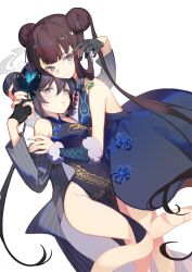 Rule 34 | 2girls, bare shoulders, black dress, black gloves, black hair, blue archive, blue eyes, blush, braid, braided bun, breasts, butterfly hair ornament, china dress, chinese clothes, coat, detached sleeves, double bun, dragon print, dress, fate/grand order, fate (series), gloves, grey coat, grey eyes, hair bun, hair ornament, half gloves, halo, highres, indai (3330425), kisaki (blue archive), long hair, long sleeves, looking at viewer, medium breasts, multiple girls, off shoulder, pelvic curtain, pinstripe pattern, purple hair, short dress, side slit, sidelocks, small breasts, smile, striped, striped coat, thighs, twintails, vertical-striped coat, very long hair, yang guifei (fate), yang guifei (first ascension) (fate)