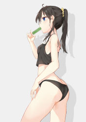Rule 34 | 1girl, absurdres, ahoge, ass, black hair, blue eyes, blush, butt crack, camisole, cg (2686805355), cowboy shot, crop top, eating, food, food in mouth, from side, grey background, hair between eyes, hair ornament, hair scrunchie, highres, holding, holding food, long hair, loungewear, midriff, original, ponytail, popsicle, profile, scrunchie, shadow, sidelocks, simple background, solo, sweat, thighs
