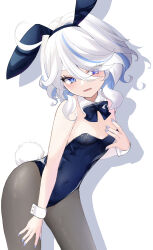 1girl absurdres ahoge alternate_costume animal_ears bare_shoulders black_pantyhose blue_bow blue_bowtie blue_eyes blue_leotard blue_nails bow bowtie breasts collar commentary_request cowboy_shot detached_collar drop-shaped_pupils fake_animal_ears fake_tail fingernails furina_(genshin_impact) genshin_impact hand_on_own_chest heterochromia highres leotard light_blush long_hair looking_at_viewer multicolored_hair nail_polish pantyhose parted_lips playboy_bunny rabbit_ears rabbit_tail rinmel9 shadow simple_background small_breasts solo strapless strapless_leotard streaked_hair symbol-shaped_pupils tail two-tone_hair white_background white_collar white_hair white_sleeve_cuffs