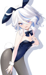 Rule 34 | 1girl, absurdres, ahoge, alternate costume, animal ears, bare shoulders, black pantyhose, blue bow, blue bowtie, blue eyes, blue leotard, blue nails, bow, bowtie, breasts, collar, commentary request, cowboy shot, detached collar, drop-shaped pupils, fake animal ears, fake tail, fingernails, furina (genshin impact), genshin impact, hand on own chest, heterochromia, highres, leotard, light blush, long hair, looking at viewer, multicolored hair, nail polish, pantyhose, parted lips, playboy bunny, rabbit ears, rabbit tail, rinmel9, shadow, simple background, small breasts, solo, strapless, strapless leotard, streaked hair, symbol-shaped pupils, tail, two-tone hair, white background, white collar, white hair, white sleeve cuffs