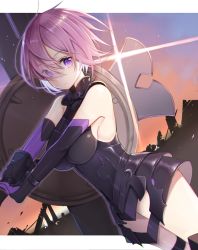 Rule 34 | 1girl, armor, armored dress, breasts, commentary, elbow gloves, evening, eyes visible through hair, fate/grand order, fate (series), gloves, hair over one eye, ion (on01e), large breasts, looking at viewer, mash kyrielight, purple eyes, purple hair, shield, short hair, sleeveless, solo, twilight