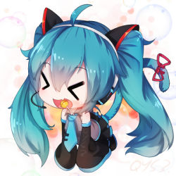 Rule 34 | &gt; &lt;, 1girl, :d, ahoge, all fours, animal ears, bare shoulders, black thighhighs, blue hair, candy, cat ears, cat tail, chibi, closed eyes, fake animal ears, fang, food, hatsune miku, headset, kemonomimi mode, lollipop, long hair, long sleeves, mini person, minigirl, mouth hold, open mouth, qys3, ribbon, shirt, skirt, smile, solo, tail, tail ornament, tail ribbon, thighhighs, twintails, very long hair, vocaloid, white background, wide sleeves, xd