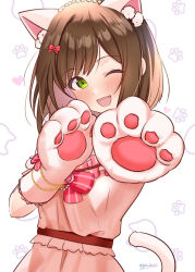 Rule 34 | 1girl, absurdres, animal ears, animal hands, blush, bow, bracelet, breasts, brown hair, cat ears, cat tail, chiyosuke (nosuke21), clothing cutout, commentary request, dress, fake animal ears, fang, frilled dress, frills, gloves, green eyes, hair bow, hands up, heart, highres, idolmaster, idolmaster cinderella girls, jewelry, koi dance, looking at viewer, maekawa miku, medium breasts, one eye closed, open mouth, paw gloves, pink bow, pink dress, short hair, short sleeves, shoulder cutout, signature, smile, solo, tail, upper body, white background
