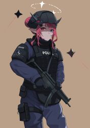 Rule 34 | 1girl, blue eyes, body armor, bulletproof vest, combat helmet, gun, h&amp;k mp5, halo, helmet, heterochromia, highres, hololive, hololive english, horns, irys (hololive), long hair, looking at viewer, multicolored hair, pointy ears, police, police uniform, policewoman, purple hair, red hair, shift (shiftillust), solo, submachine gun, swat, tactical clothes, uniform, virtual youtuber, weapon