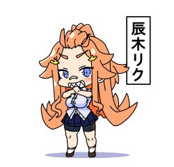 Rule 34 | 1girl, blue eyes, breasts, character request, chibi, female focus, highres, large breasts, long hair, looking at viewer, nishiki (artist), orange hair, school uniform, shadow, sharp teeth, shirt, skirt, smile, solo, standing, teeth, white background, white shirt