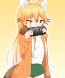 Rule 34 | 1girl, animal ear fluff, animal ears, beige background, blonde hair, blush, brown eyes, brown jacket, commentary request, covered mouth, drawstring, ezo red fox (kemono friends), fox ears, fox girl, fox tail, fur-trimmed jacket, fur trim, gradient hair, green skirt, hair between eyes, handheld game console, hands up, highres, holding, holding handheld game console, jacket, kemono friends, long hair, long sleeves, looking at viewer, multicolored hair, open clothes, open jacket, orange hair, outline, shin01571, shirt, skirt, solo, tail, very long hair, white outline, white shirt, yellow eyes