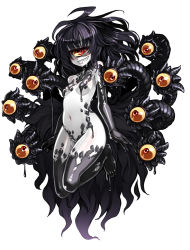 Rule 34 | 1girl, black hair, breasts, colored sclera, colored skin, cyclops, extra eyes, full body, gazer (monster girl encyclopedia), kenkou cross, long hair, looking at viewer, monster girl, monster girl encyclopedia, official art, one-eyed, pale skin, red eyes, sharp teeth, simple background, small breasts, smile, solo, tail, teeth, tentacles, white background, white skin, yellow sclera