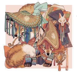Rule 34 | amigasa, animal, animal focus, artist name, border, clothed animal, clothing request, commentary, fox, fox mask, hat, highres, japanese clothes, looking at viewer, mask, mouth hold, no humans, original, smoking pipe, straw hat, symbol-only commentary, tonbippo08, twitter username, white border